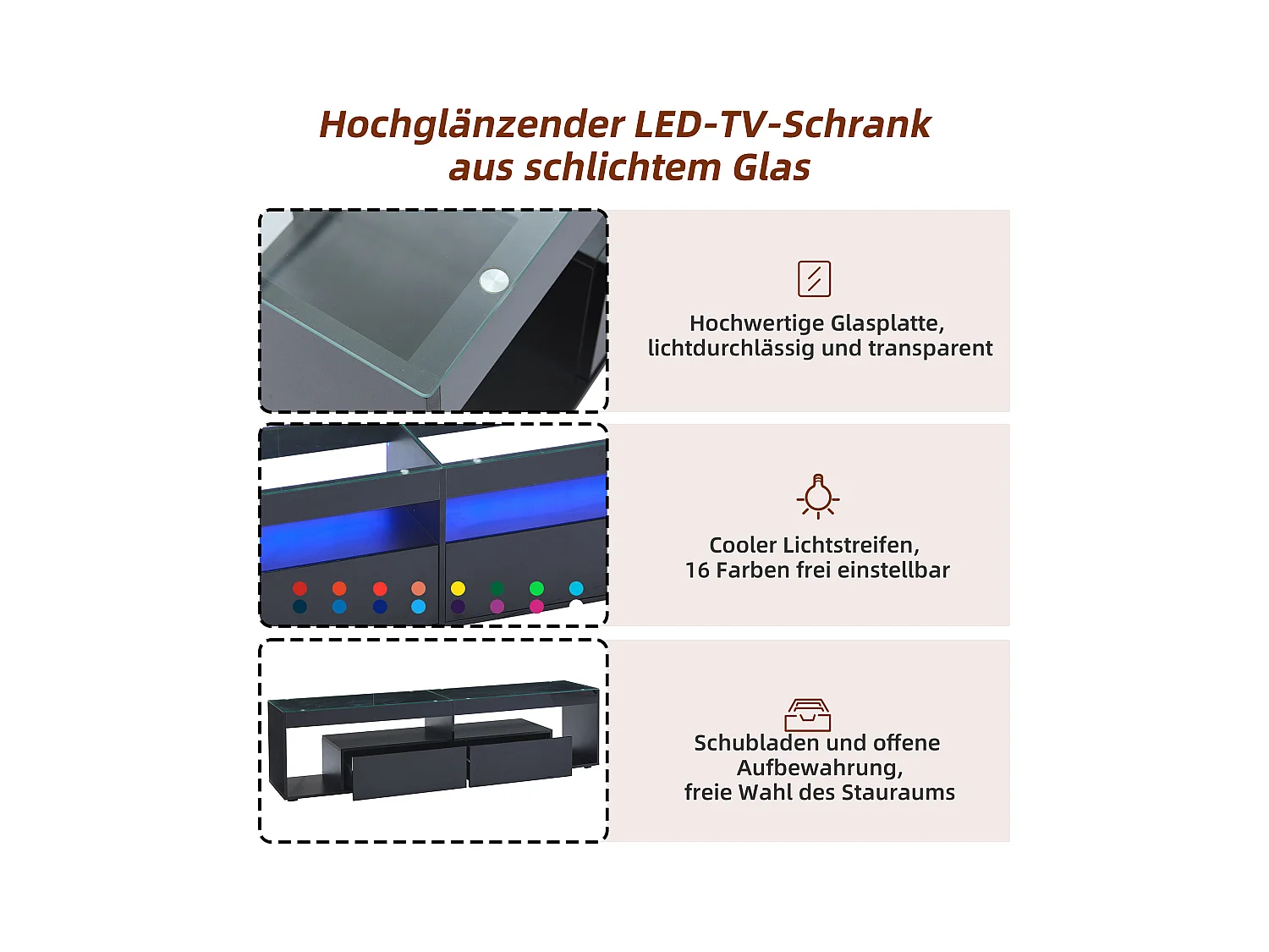 Mobiletto TV, Nero lucido, con LED, 2 cassetti, per televisori fino a 70 pollici