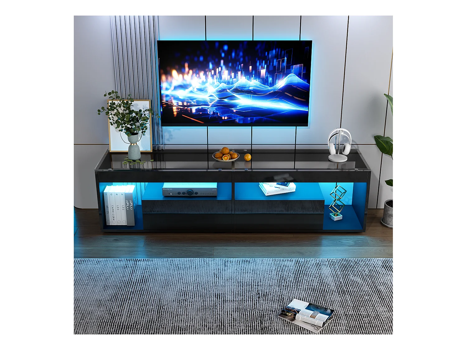 Meuble TV, noir brillant, avec LED, 2 tiroirs, jusqu'à 70 pouces