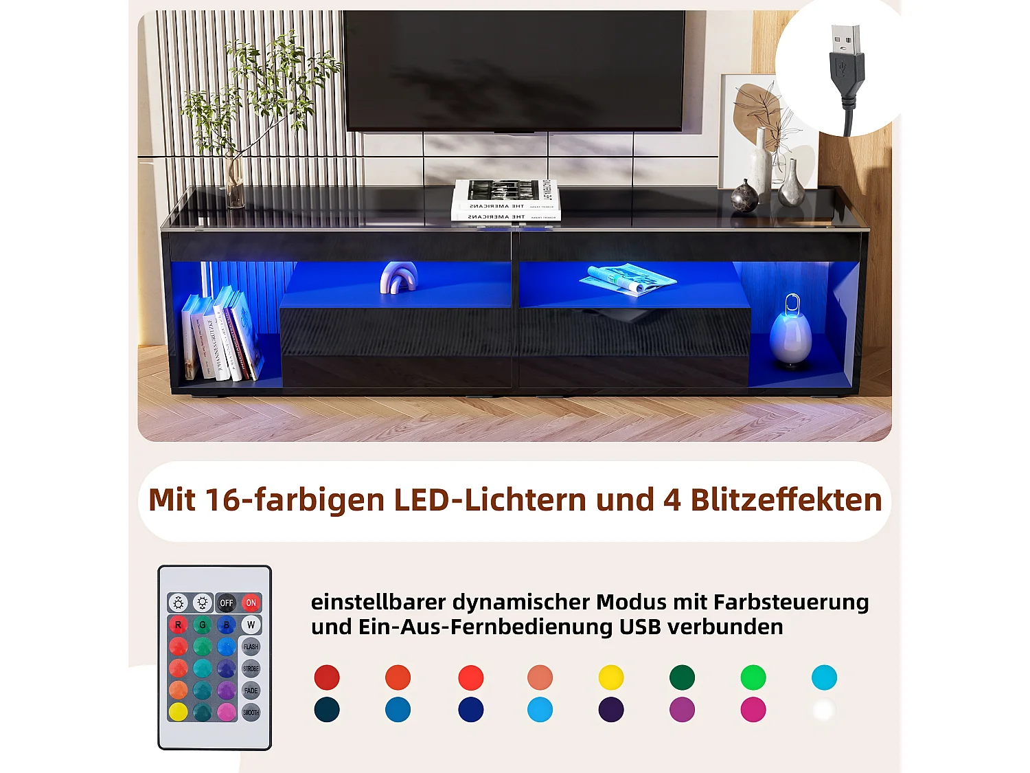Meuble TV, noir brillant, avec LED, 2 tiroirs, jusqu'à 70 pouces