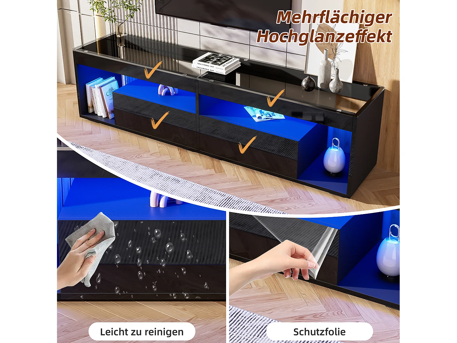 Meuble TV, noir brillant, avec LED, 2 tiroirs, jusqu'à 70 pouces