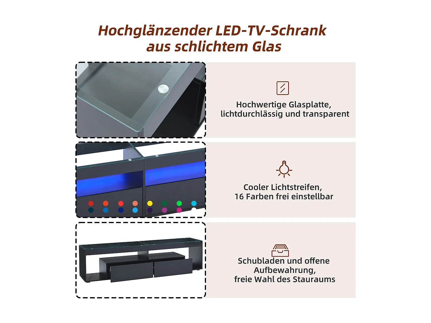 Meuble TV, noir brillant, avec LED, 2 tiroirs, jusqu'à 70 pouces