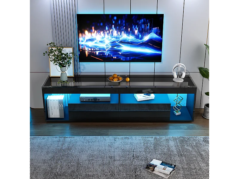 TV-kast, Hoogglans zwart, met LED, 2 laden, geschikt voor tot 70 inch