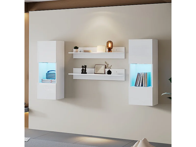 Ensemble d'étagères murales 4 pièces, armoire LED et 2 étagères, contrôlable par application, blanc