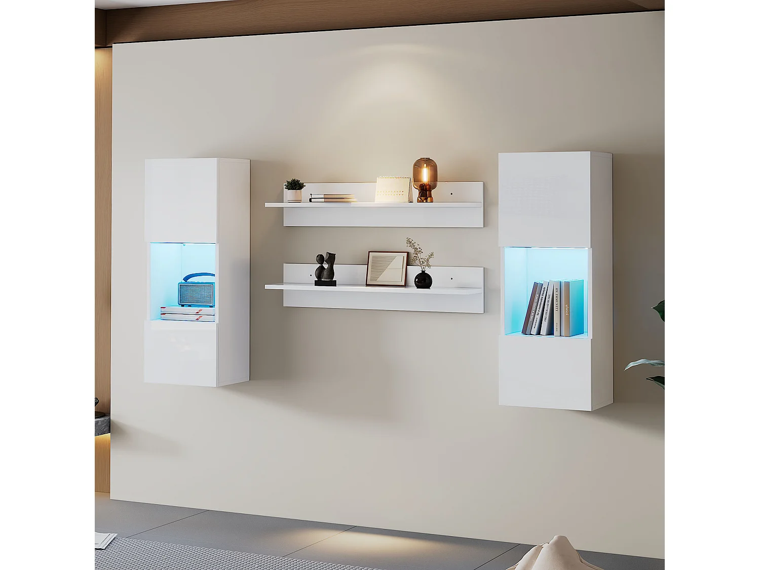 Ensemble d'étagères murales 4 pièces, armoire LED et 2 étagères, contrôlable par application, blanc