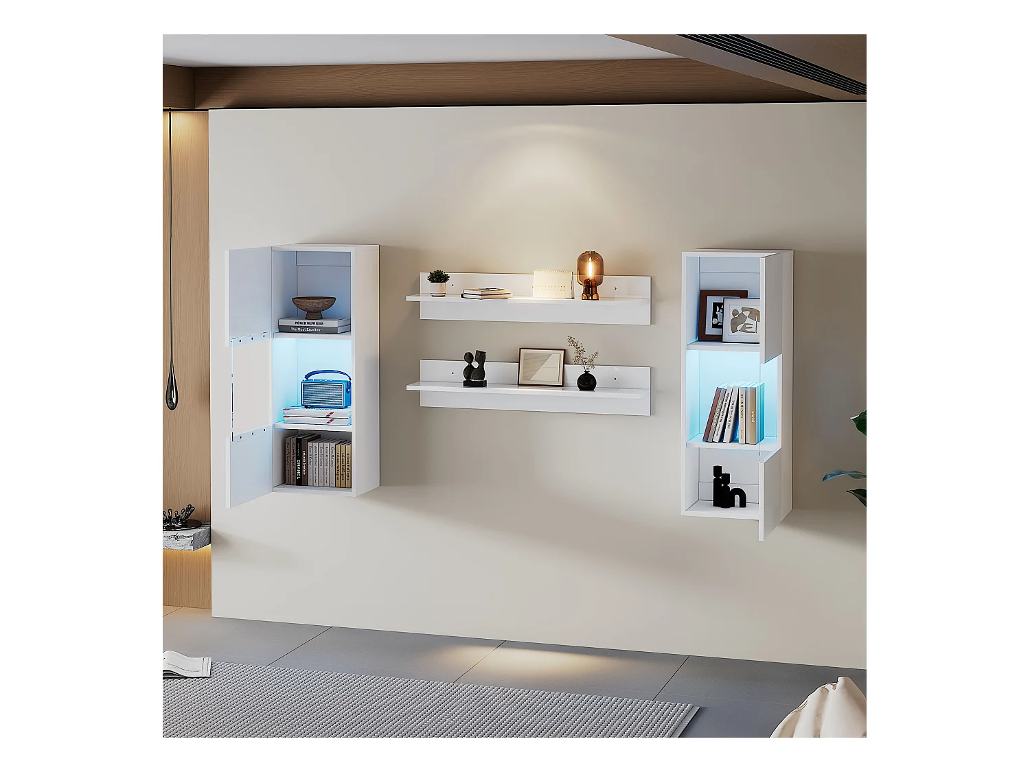 Ensemble d'étagères murales 4 pièces, armoire LED et 2 étagères, contrôlable par application, blanc