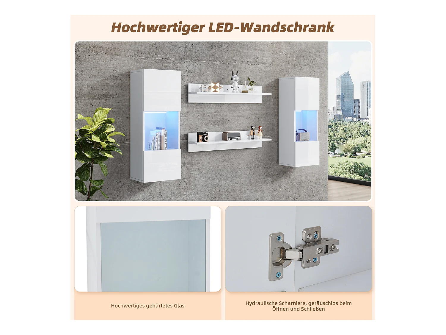 Ensemble d'étagères murales 4 pièces, armoire LED et 2 étagères, contrôlable par application, blanc