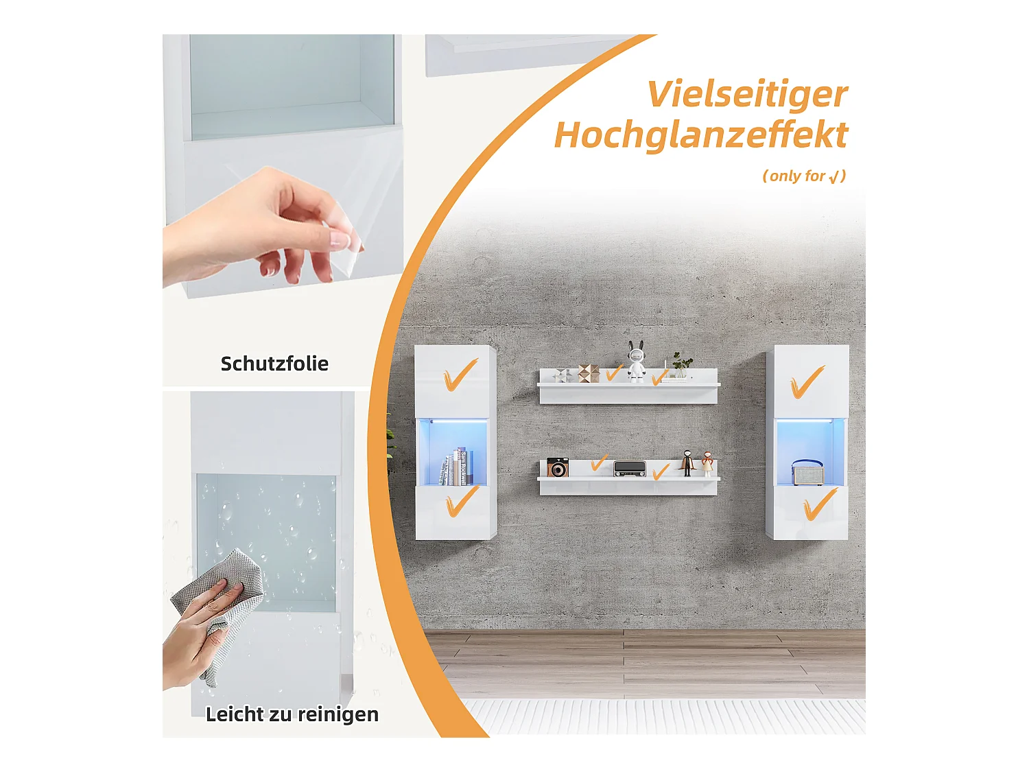 Ensemble d'étagères murales 4 pièces, armoire LED et 2 étagères, contrôlable par application, blanc