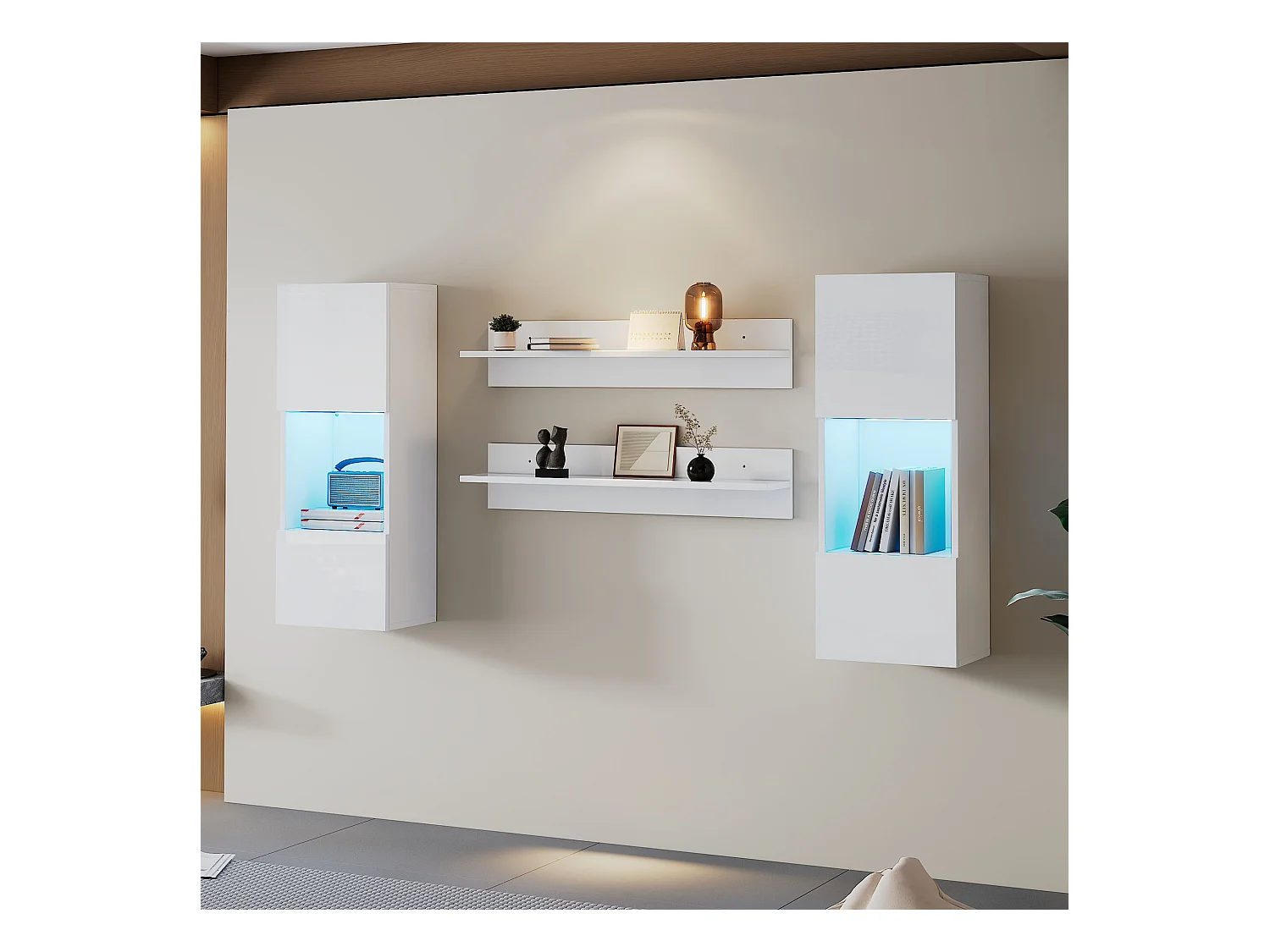 Ensemble d'étagères murales 4 pièces, armoire LED et 2 étagères, contrôlable par application, blanc