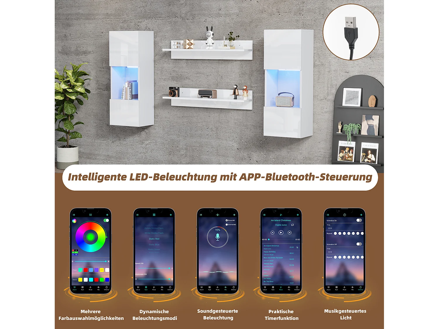 Wandrekset 4-delig, LED-kast & 2 rekken, APP-bestuurbare, Wit