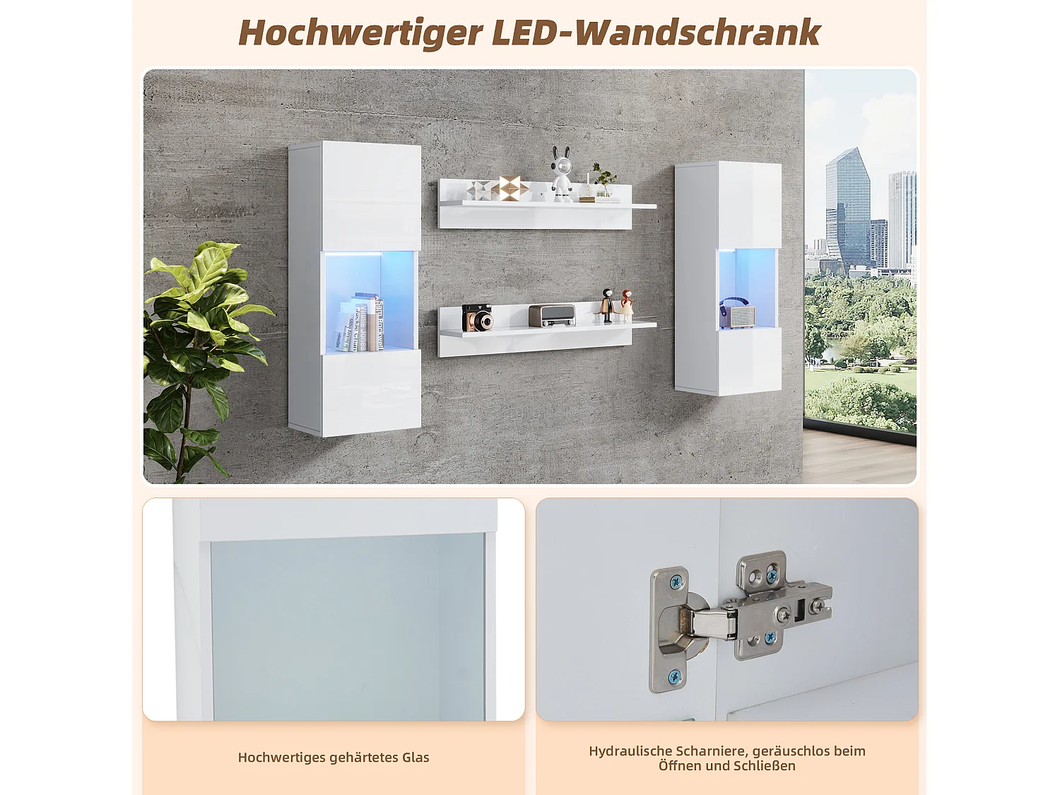 Wandrekset 4-delig, LED-kast & 2 rekken, APP-bestuurbare, Wit