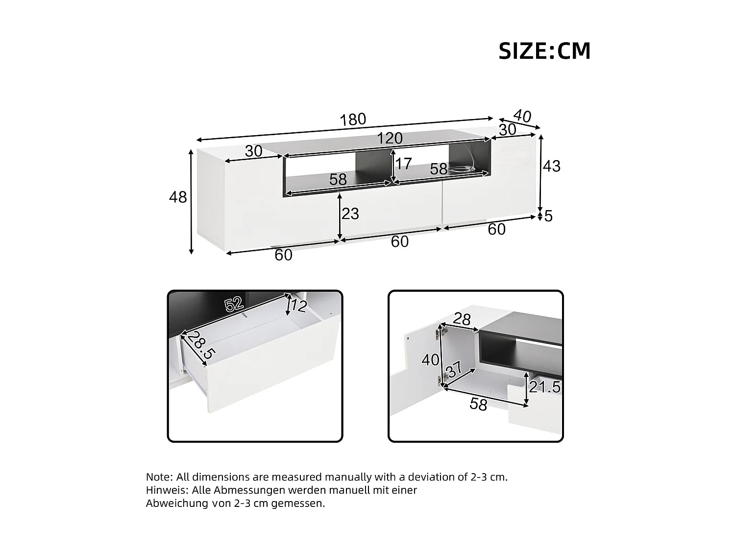 Armário de TV 180x40x48cm com LED, formato em L e gavetas, Branco brilhante, para até 75 polegadas