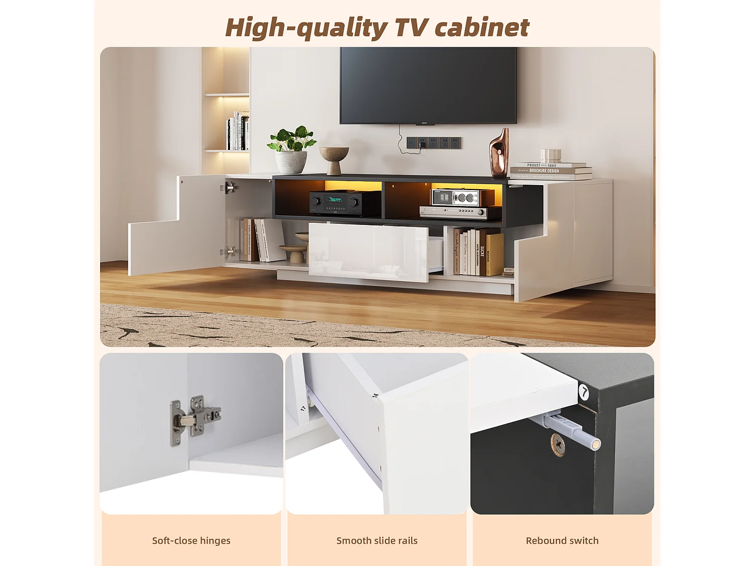 Armário de TV 180x40x48cm com LED, formato em L e gavetas, Branco brilhante, para até 75 polegadas