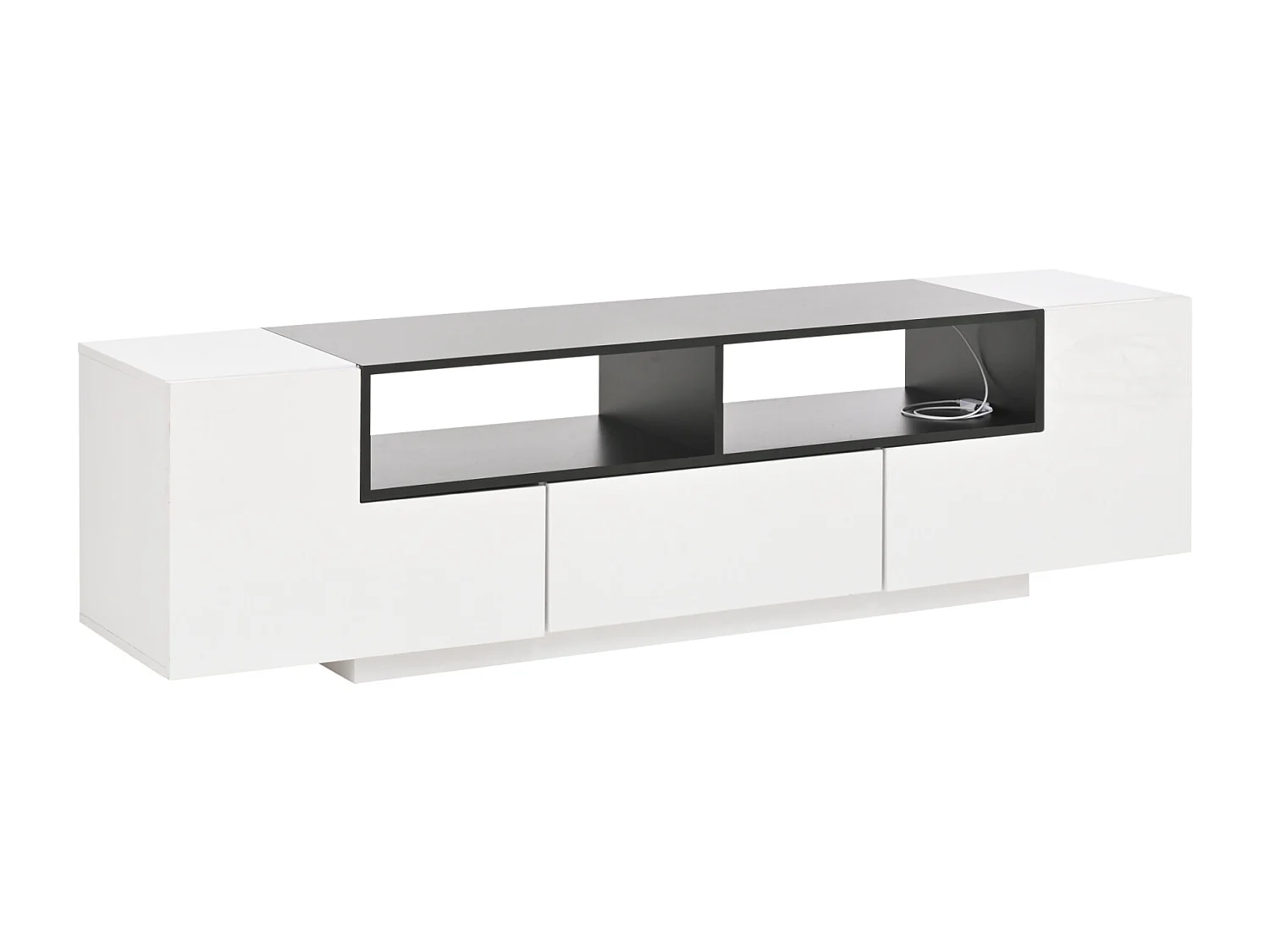 Armário de TV 180x40x48cm com LED, formato em L e gavetas, Branco brilhante, para até 75 polegadas