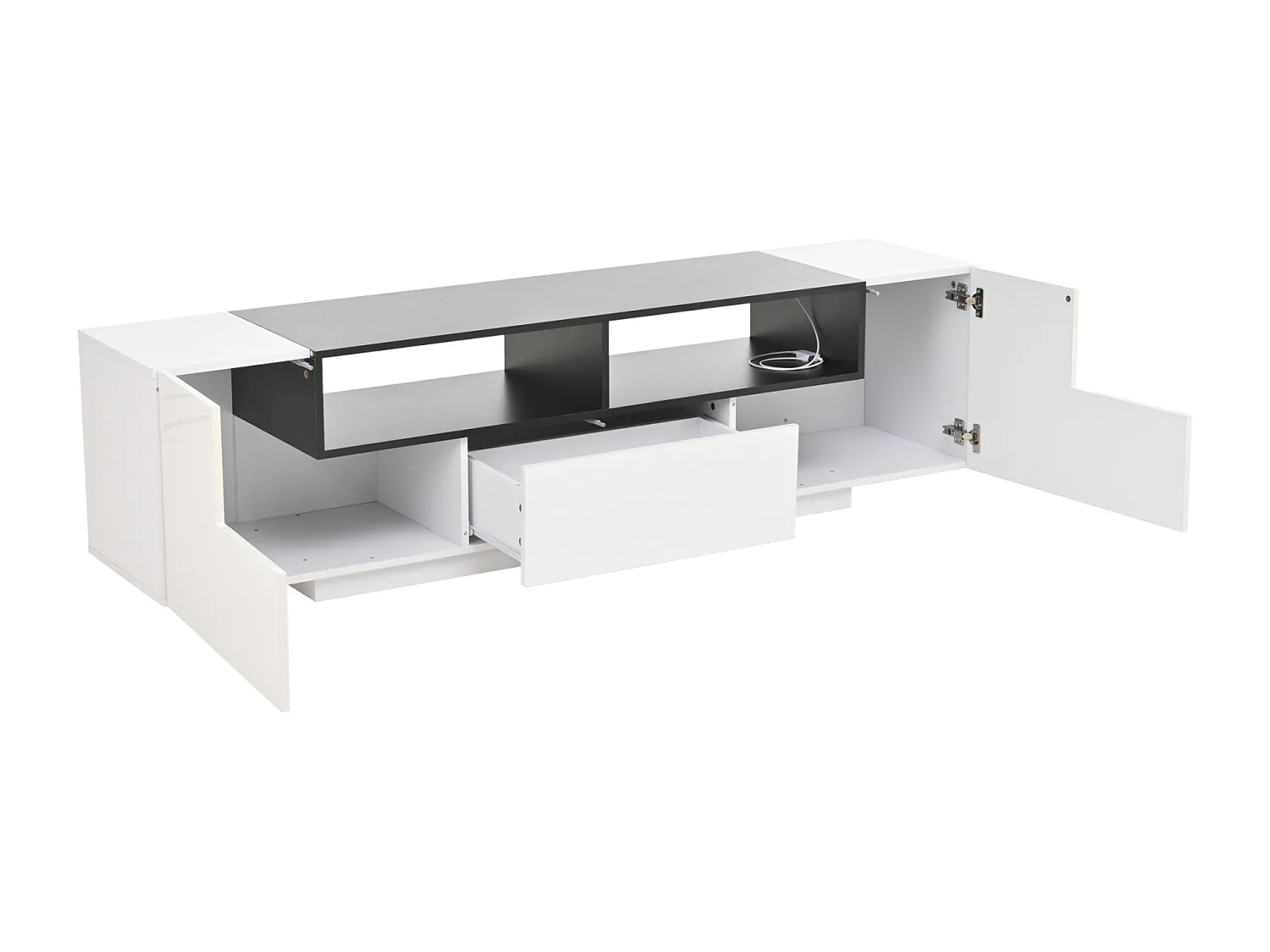 Armário de TV 180x40x48cm com LED, formato em L e gavetas, Branco brilhante, para até 75 polegadas
