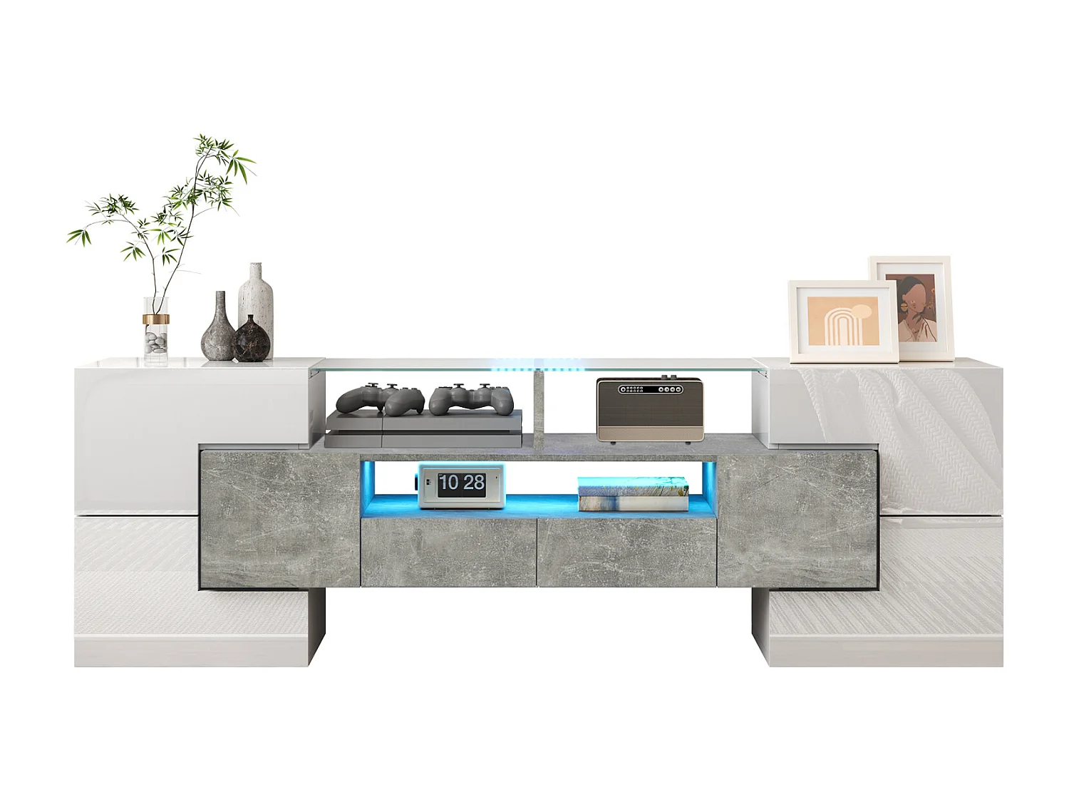 Meuble TV 145 cm, blanc brillant, éclairage LED, élégante surface en verre