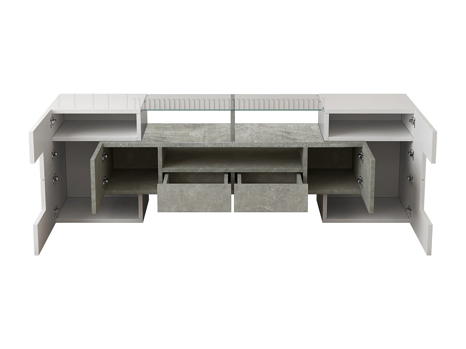 Meuble TV 145 cm, blanc brillant, éclairage LED, élégante surface en verre