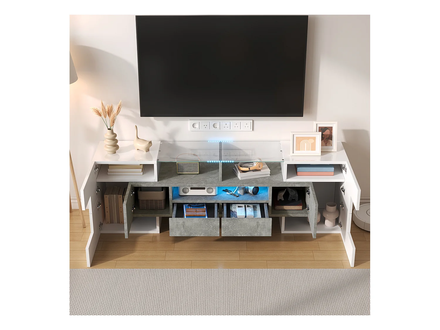 TV-Schrank 145cm, hochglänzend weiß, LED-Beleuchtung, elegante Glasoberfläche