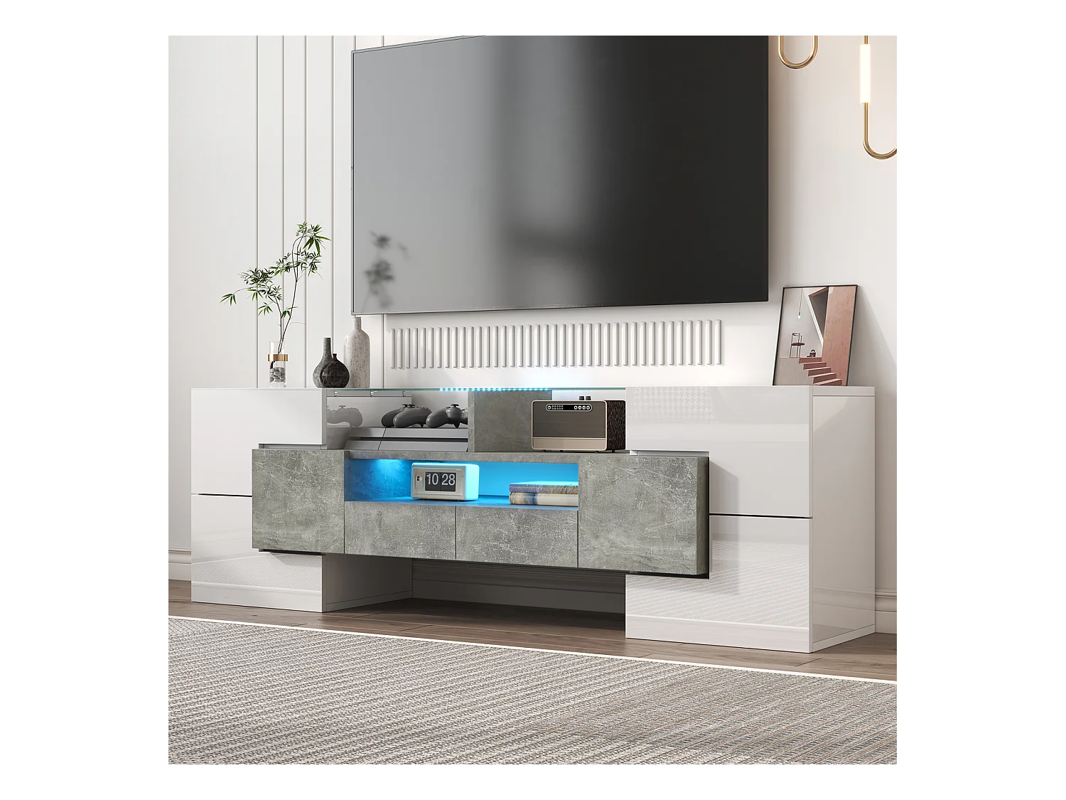 TV-Schrank 145cm, hochglänzend weiß, LED-Beleuchtung, elegante Glasoberfläche