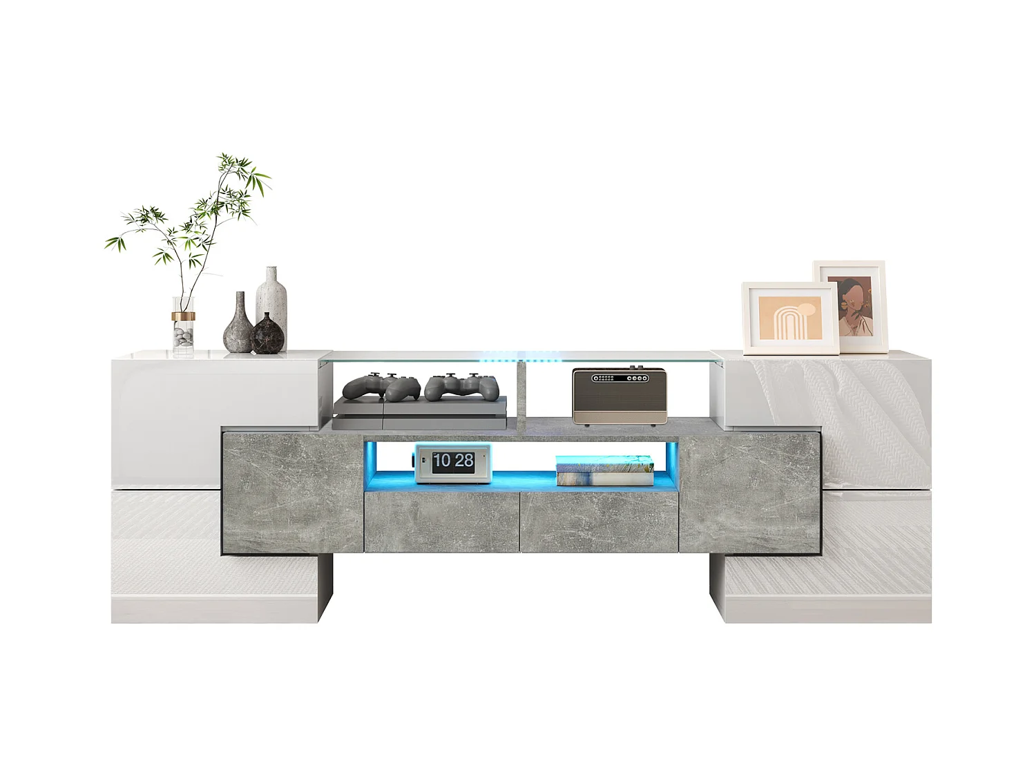 TV-Schrank 145cm, hochglänzend weiß, LED-Beleuchtung, elegante Glasoberfläche