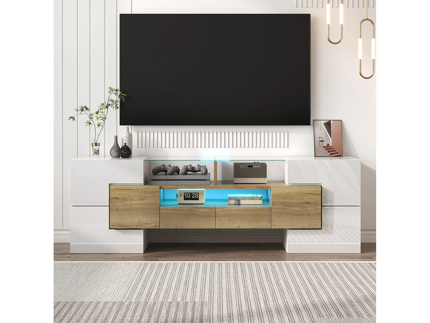 Meuble TV 145 cm, blanc brillant, éclairage LED, élégante surface en verre