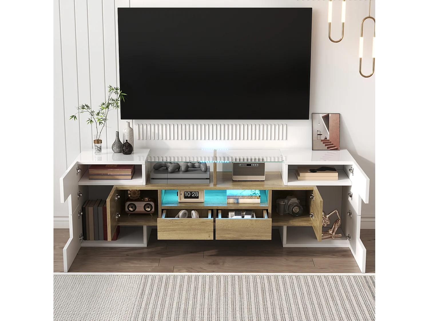 Meuble TV 145 cm, blanc brillant, éclairage LED, élégante surface en verre