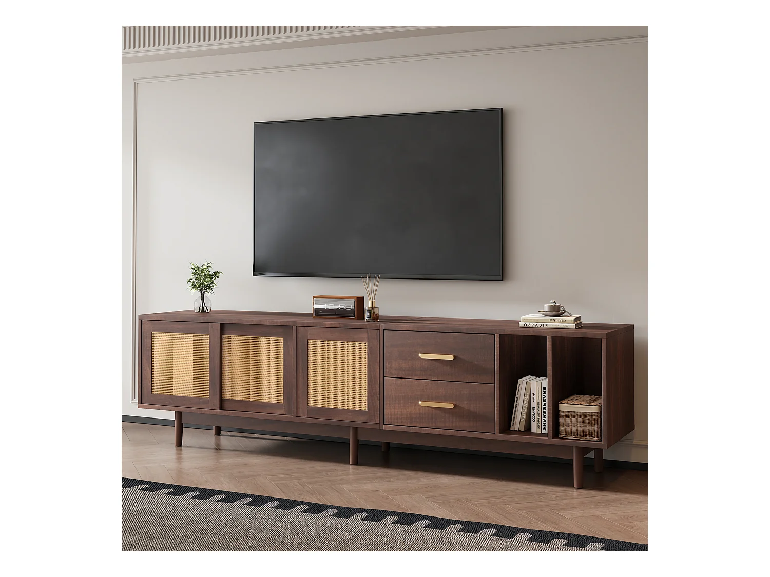 Mueble TV 190x40x52cm, ratán marrón, con cajones, 6 patas, para hasta 75 pulgadas