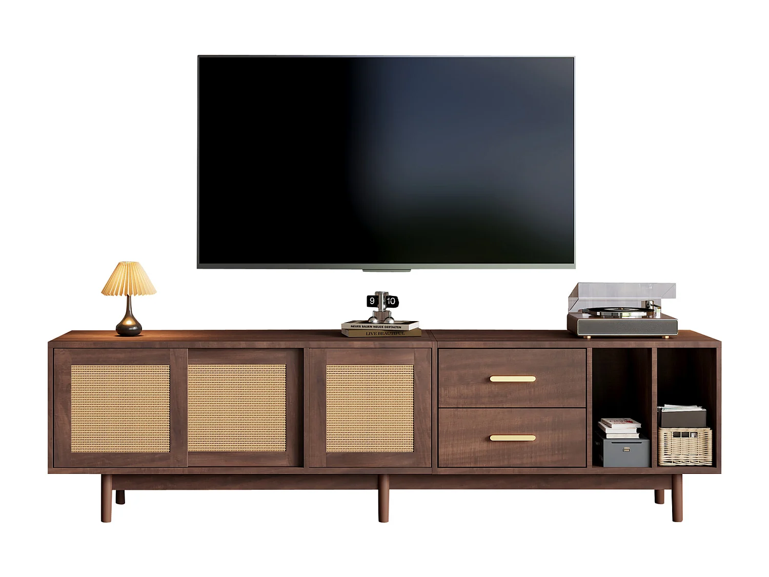 Mobiletto TV 190x40x52cm, Rattan marrone, con cassetti, 6 gambe, per televisori fino a 75 pollici