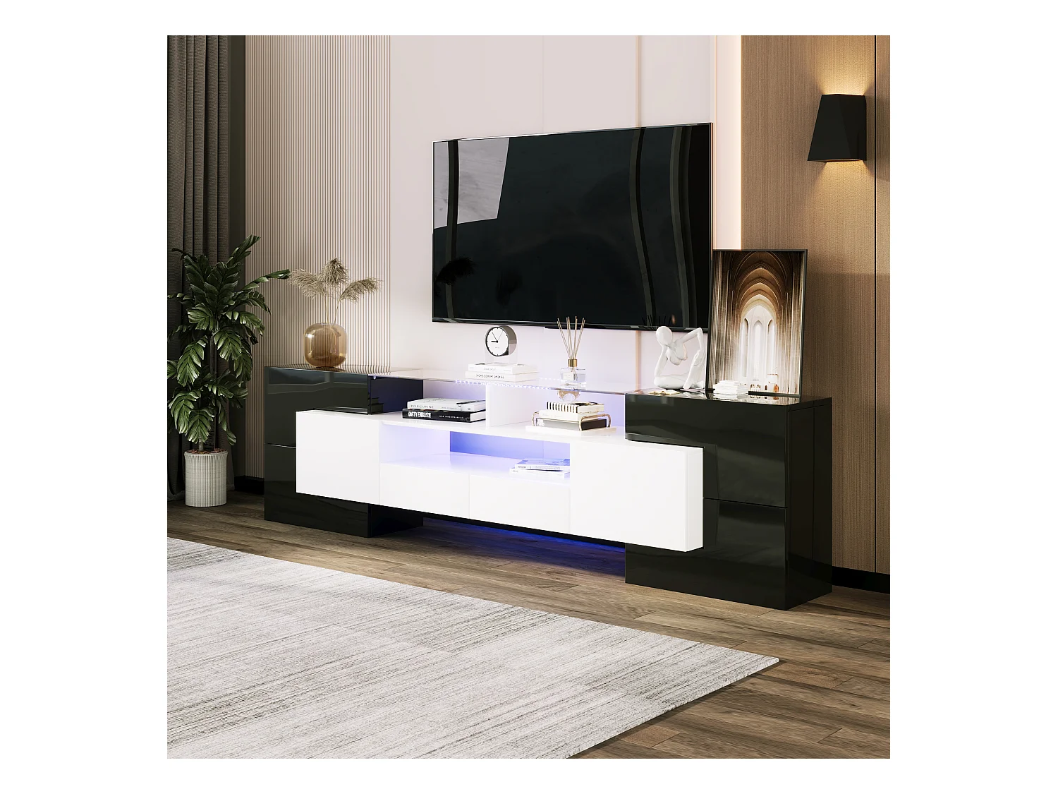 Meuble TV 200 cm, blanc brillant et noir, éclairage LED, surface en verre