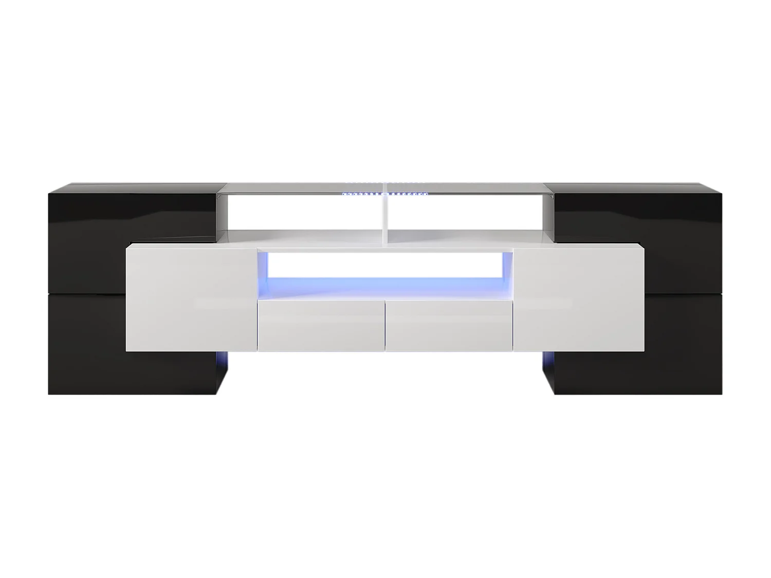 Meuble TV 200 cm, blanc brillant et noir, éclairage LED, surface en verre