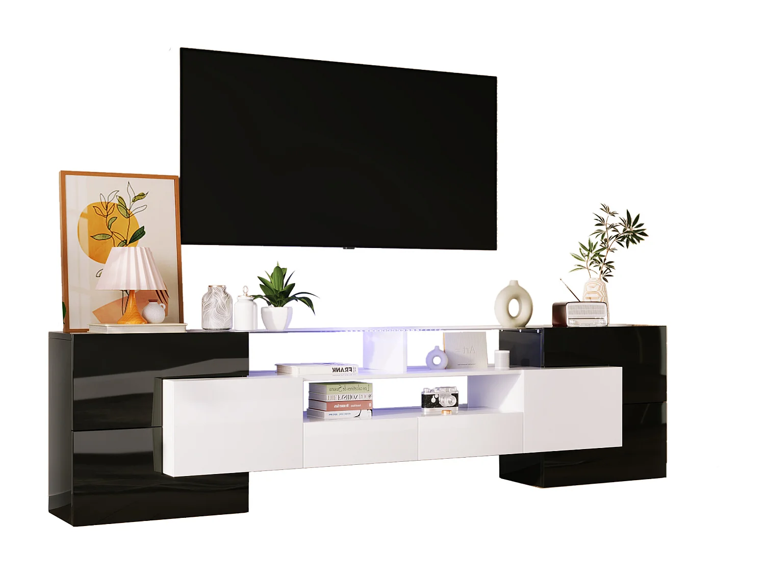 Mueble de TV de 200 cm, blanco y negro de alto brillo, iluminación LED, superficie de cristal.