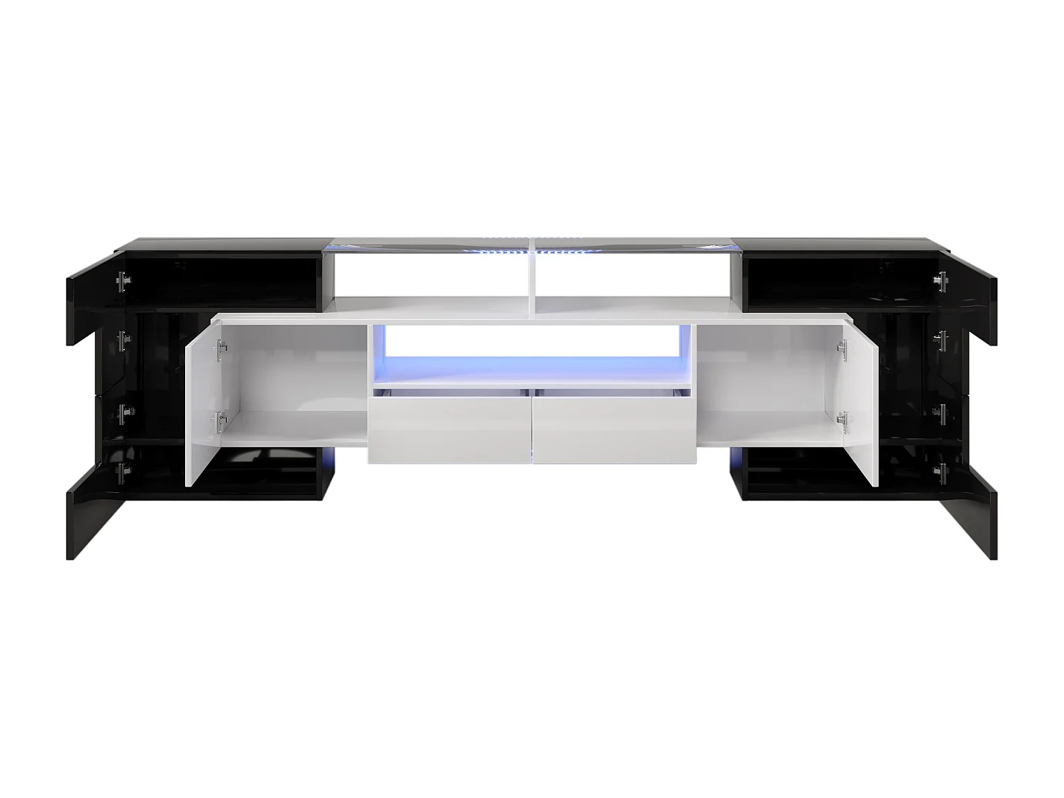 Mueble de TV de 200 cm, blanco y negro de alto brillo, iluminación LED, superficie de cristal.