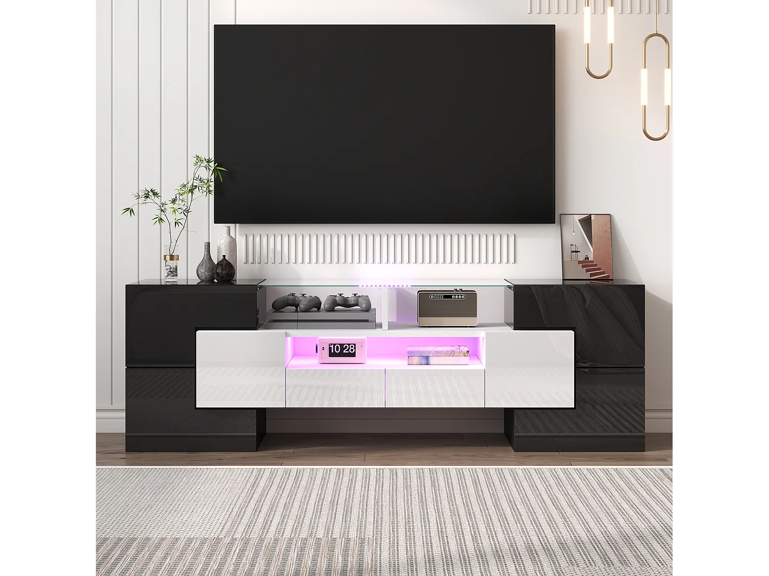 TV-Schrank 145cm, hochglänzend weiß, LED-Beleuchtung, elegante Glasoberfläche