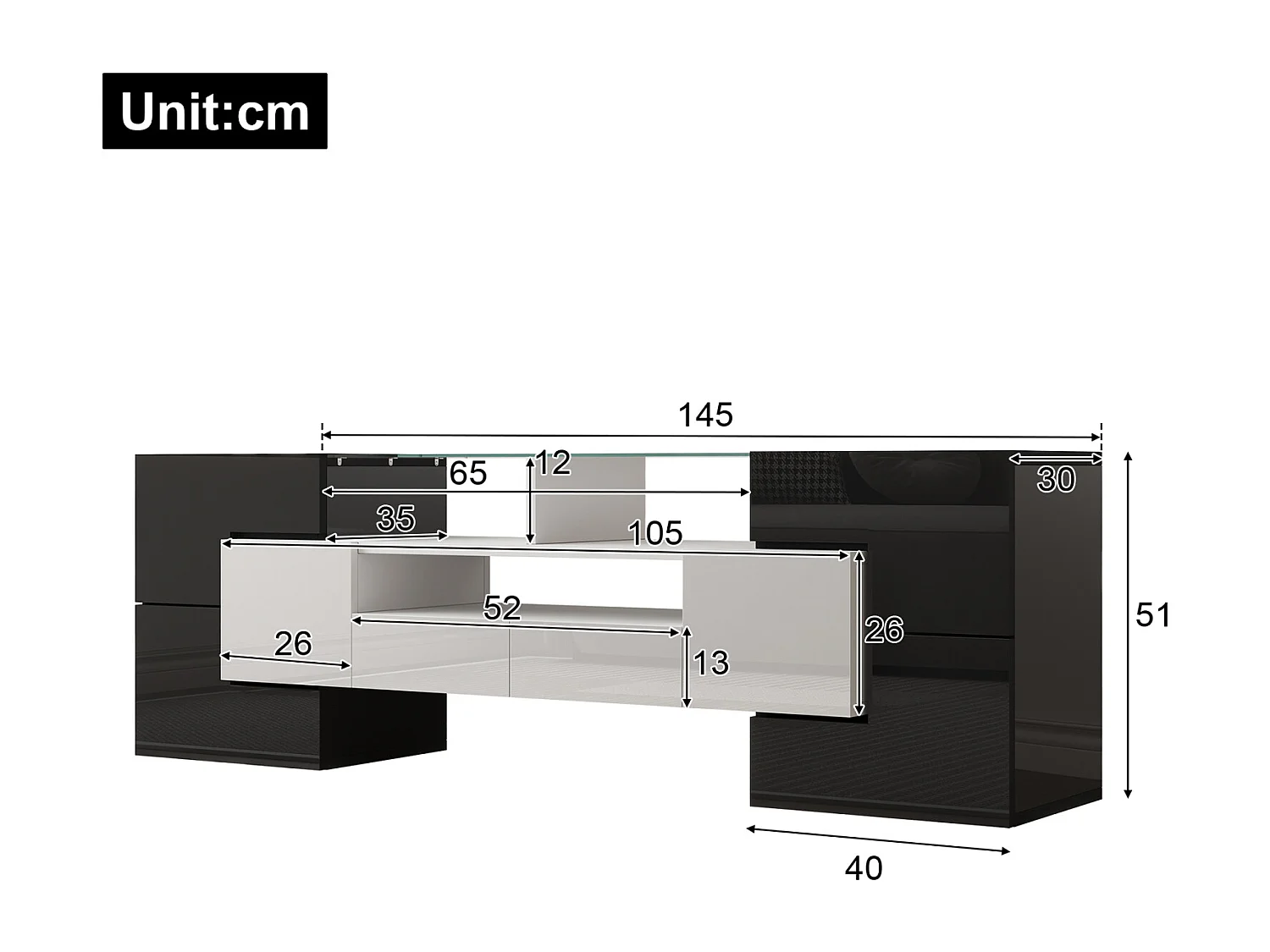 TV-Schrank 145cm, hochglänzend weiß, LED-Beleuchtung, elegante Glasoberfläche