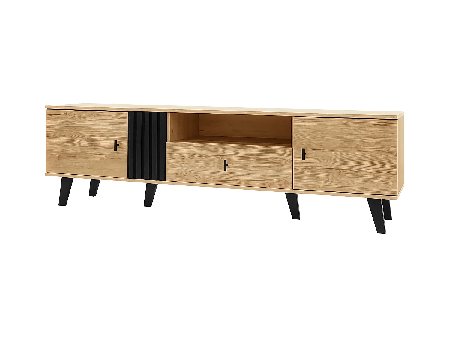 Meuble TV 170cm, design bois et noir, avec tiroirs, espace de rangement polyvalent