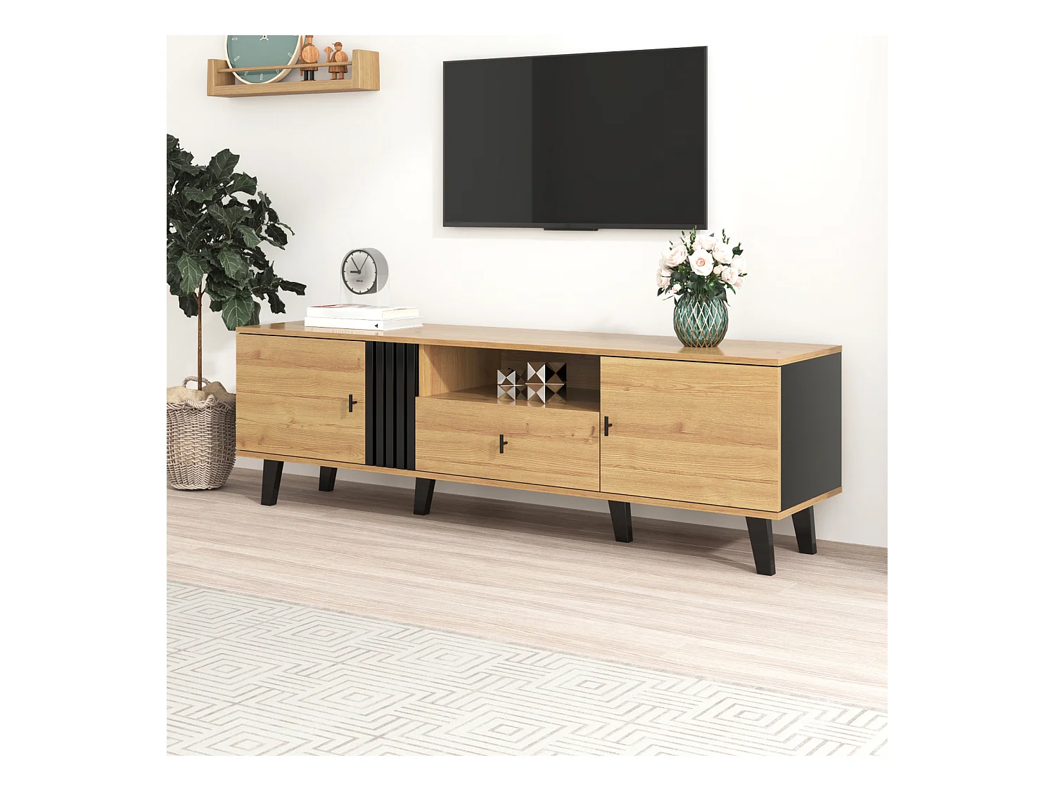 Meuble TV 170cm, design bois et noir, avec tiroirs, espace de rangement polyvalent
