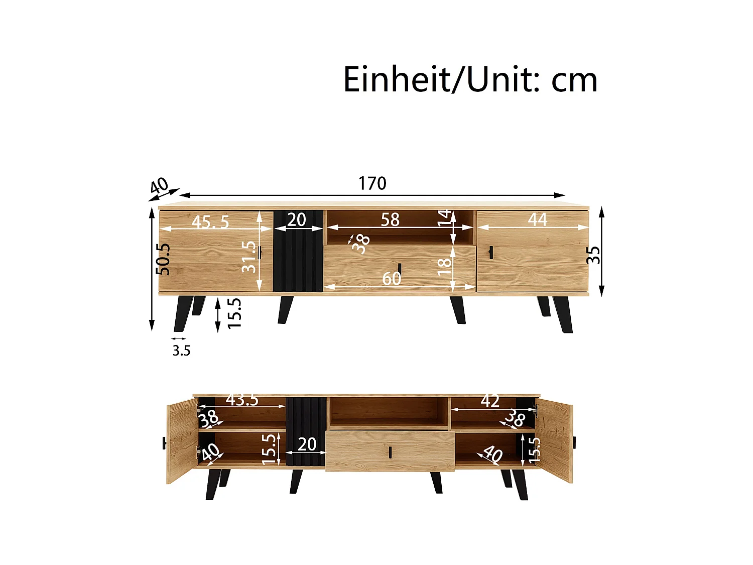 Meuble TV 170cm, design bois et noir, avec tiroirs, espace de rangement polyvalent