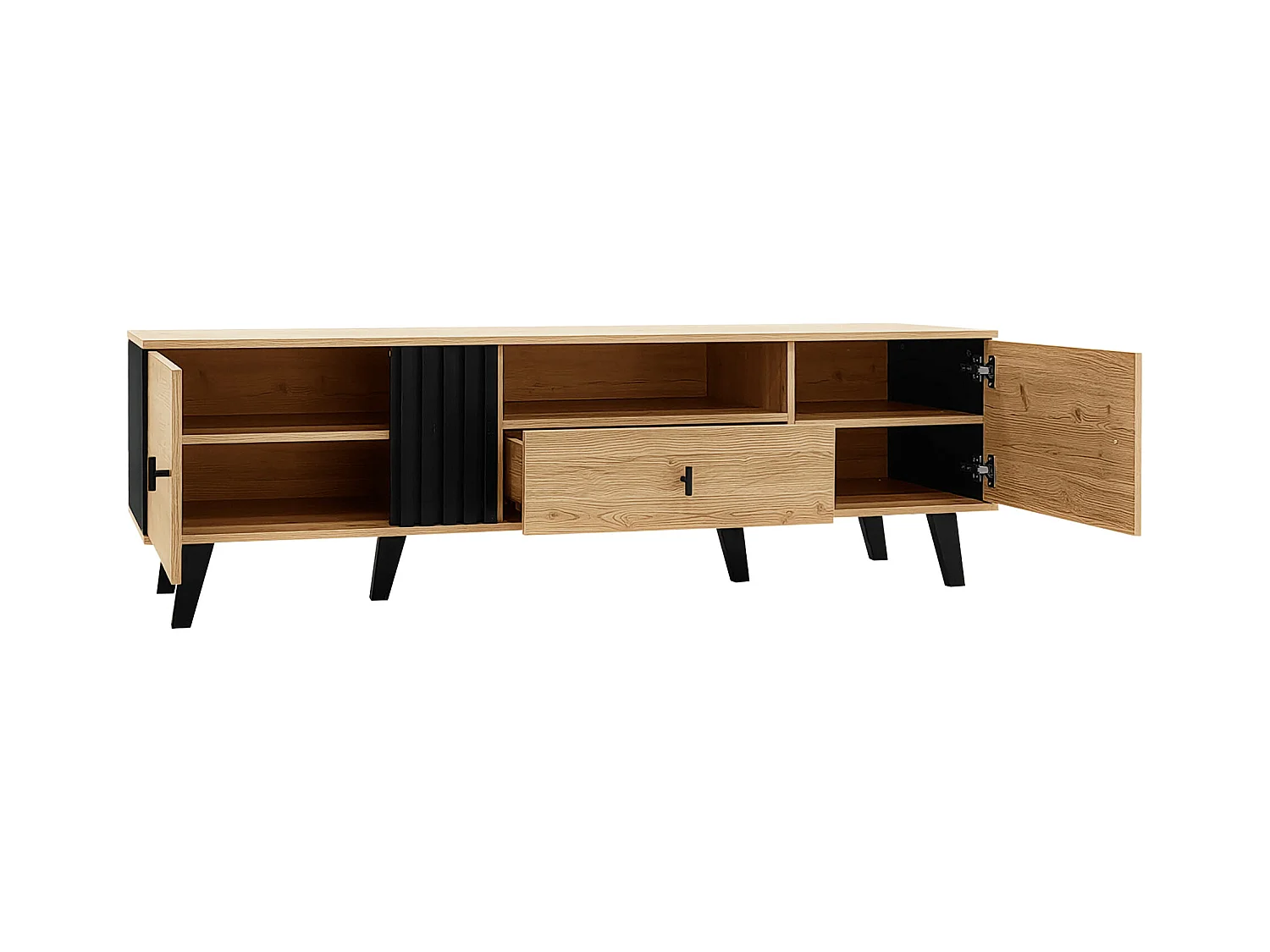 Meuble TV 170cm, design bois et noir, avec tiroirs, espace de rangement polyvalent