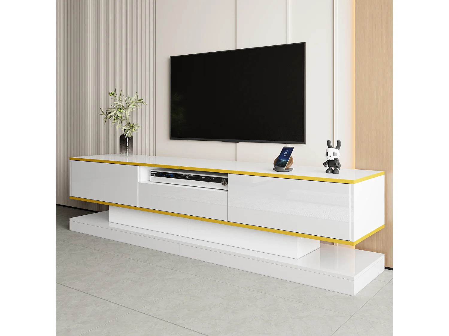 TV-Schrank 180x38x45cm, 3 Schubladen, offenes Fach, farbwechselnde LED, Hochglanz