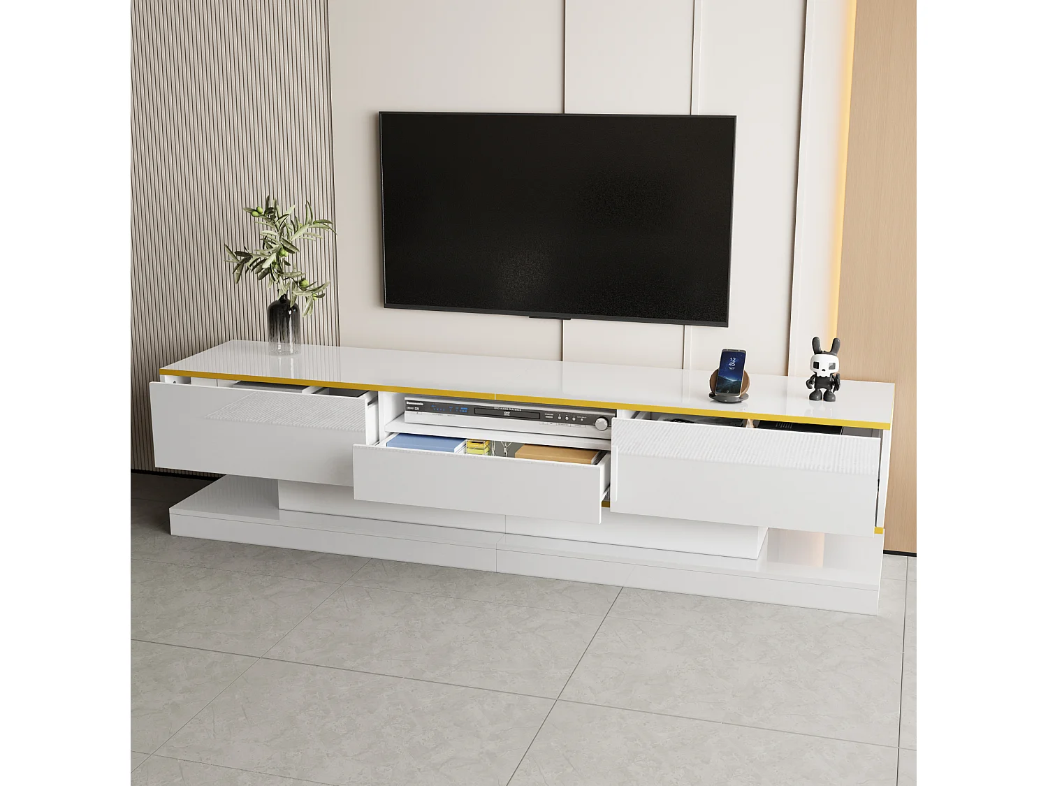 TV-Schrank 180x38x45cm, 3 Schubladen, offenes Fach, farbwechselnde LED, Hochglanz