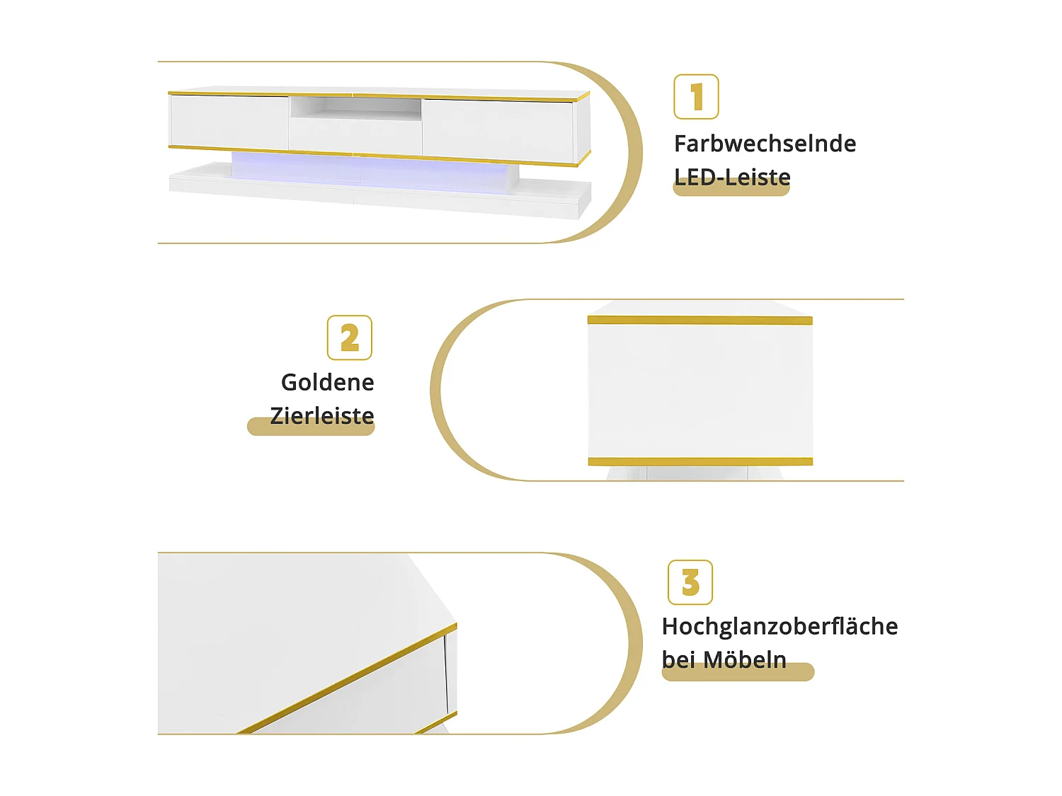 TV-Schrank 180x38x45cm, 3 Schubladen, offenes Fach, farbwechselnde LED, Hochglanz