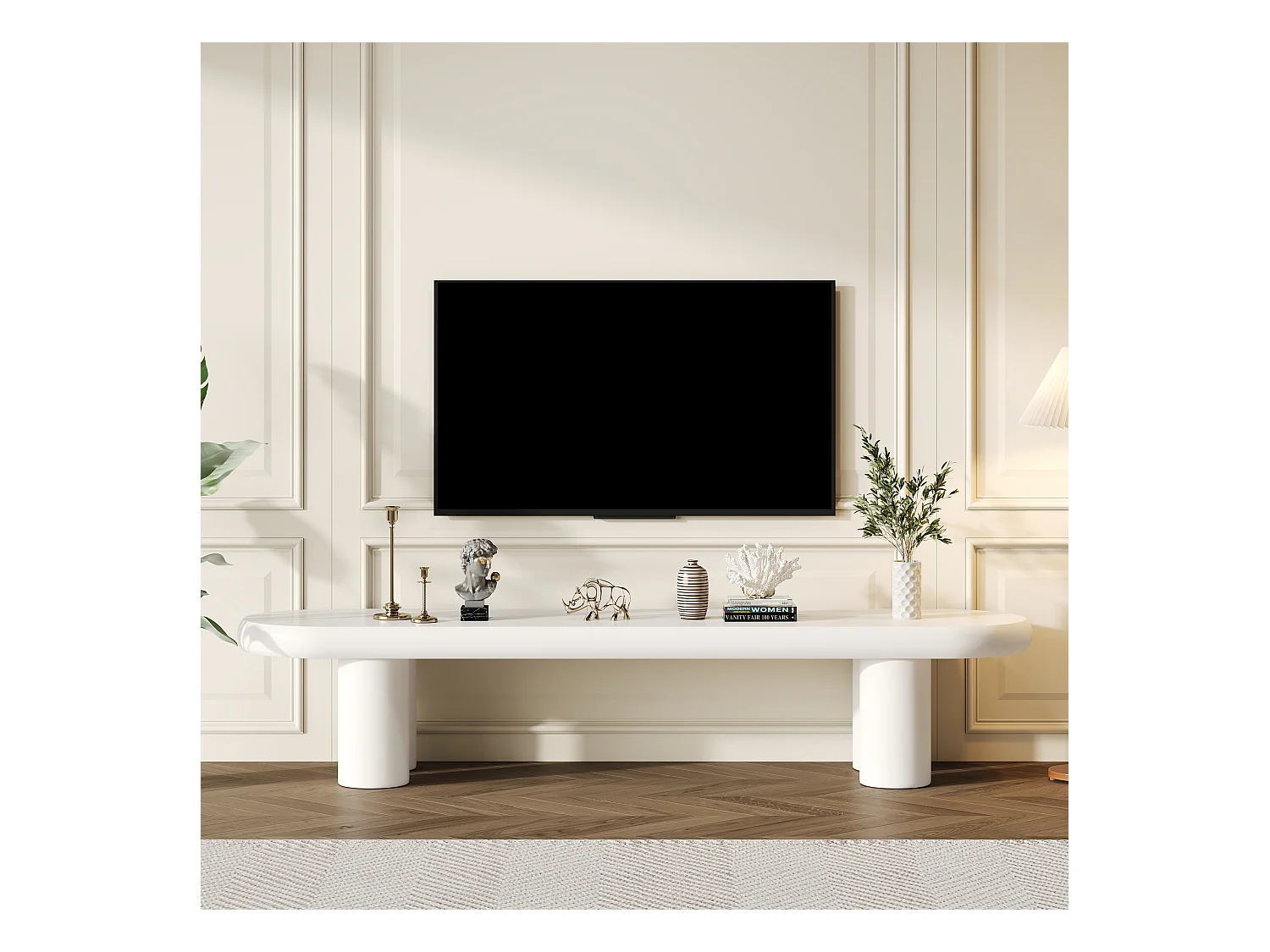 Meuble TV 160x40x40cm, blanc, minimaliste, 4 pieds de support, jusqu'à 65 pouces