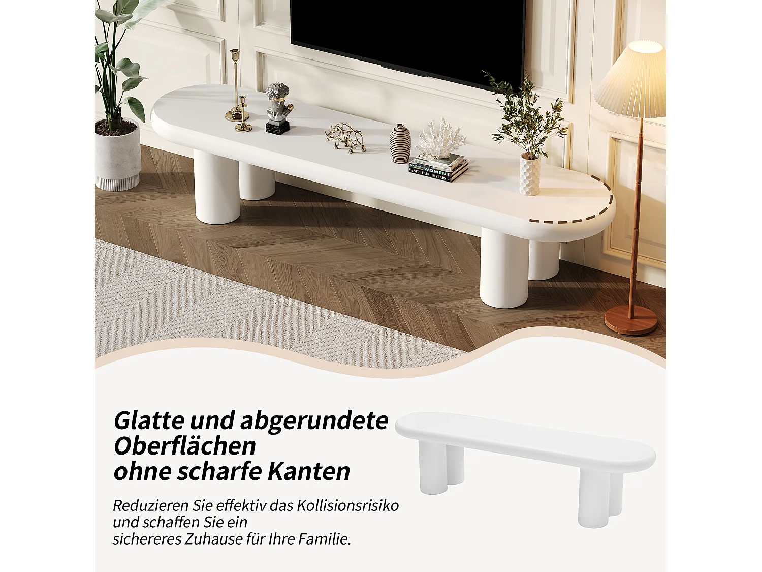 Mobiletto TV 160x40x40cm, bianco, minimalista, 4 gambe di supporto, per televisori fino a 65 pollici