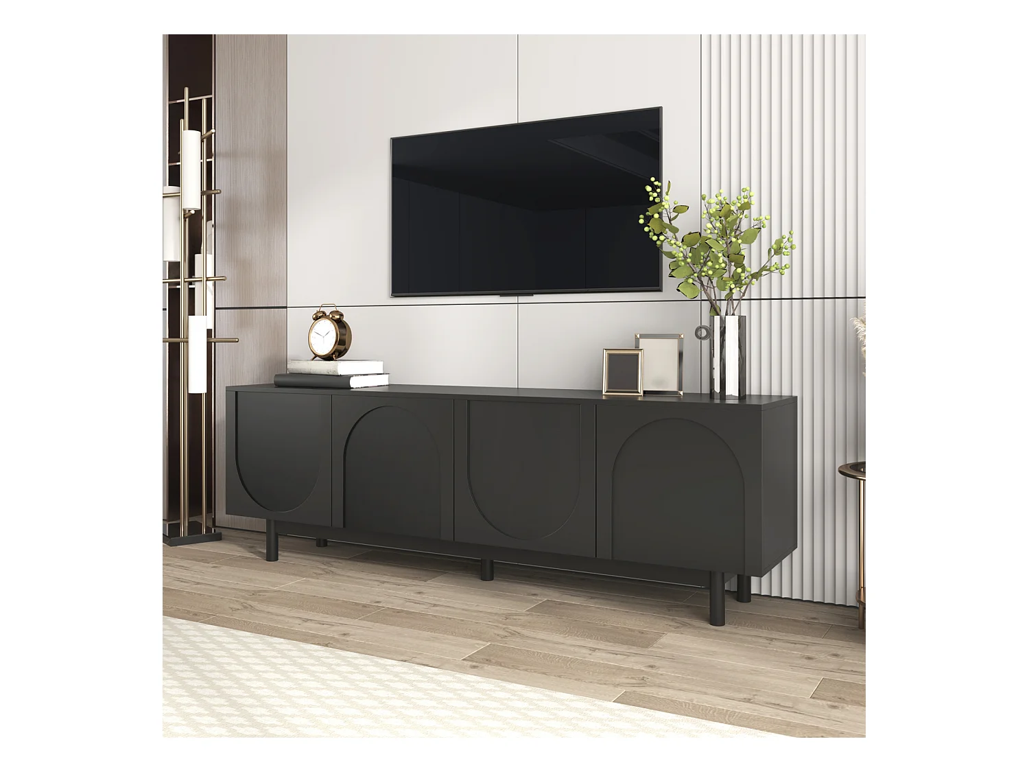 Meuble TV 175x38x56 cm, noir moderne, étagères réglables, design luxueux