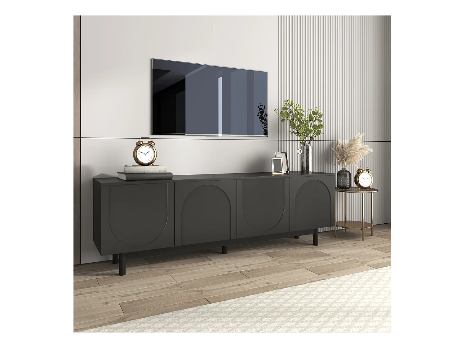 Meuble TV 175x38x56 cm, noir moderne, étagères réglables, design luxueux