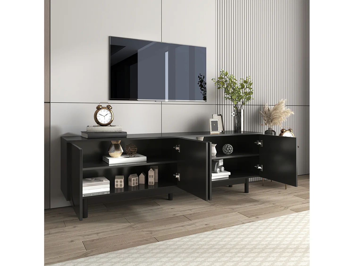 Meuble TV 175x38x56 cm, noir moderne, étagères réglables, design luxueux