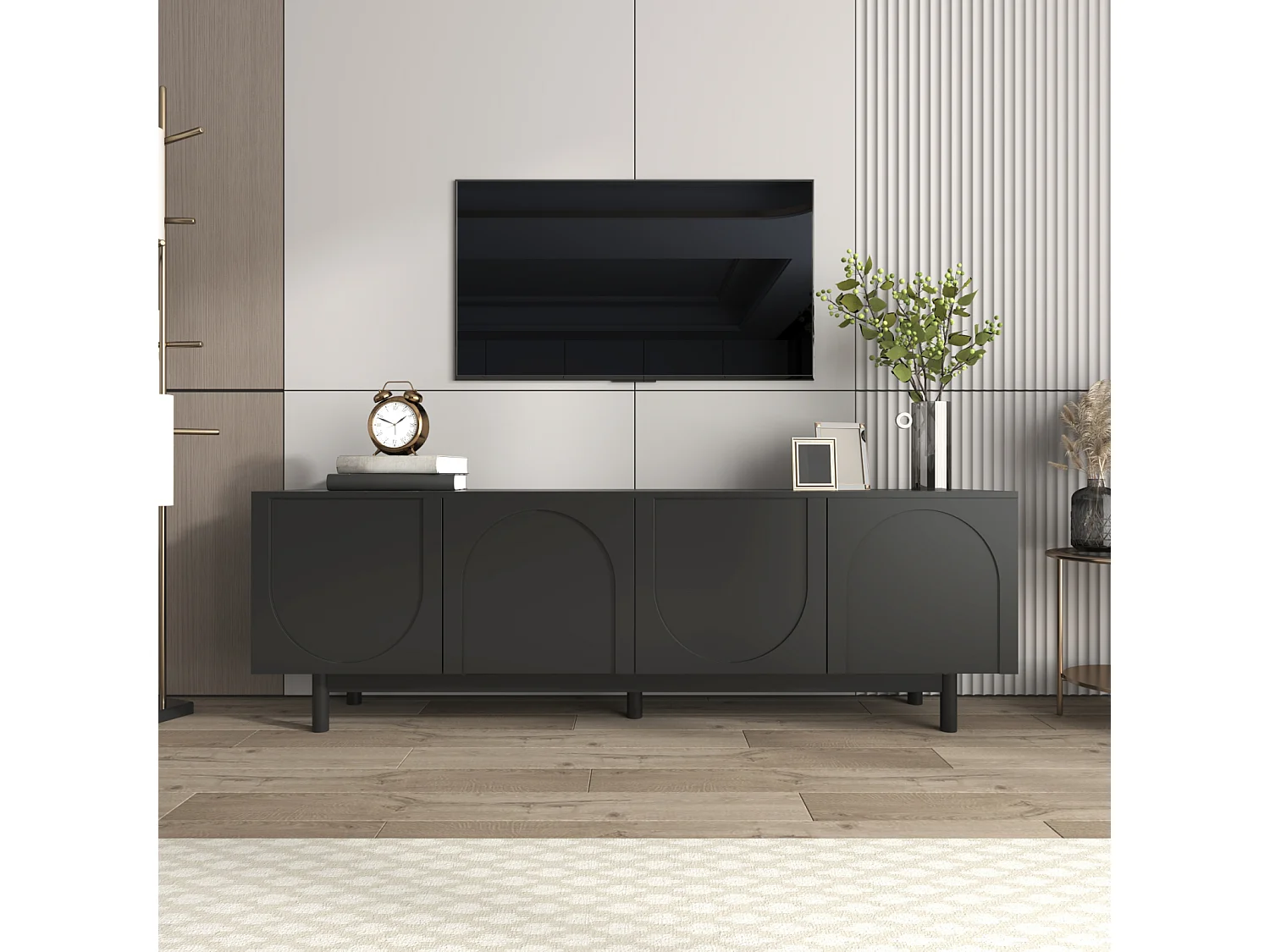 Meuble TV 175x38x56 cm, noir moderne, étagères réglables, design luxueux