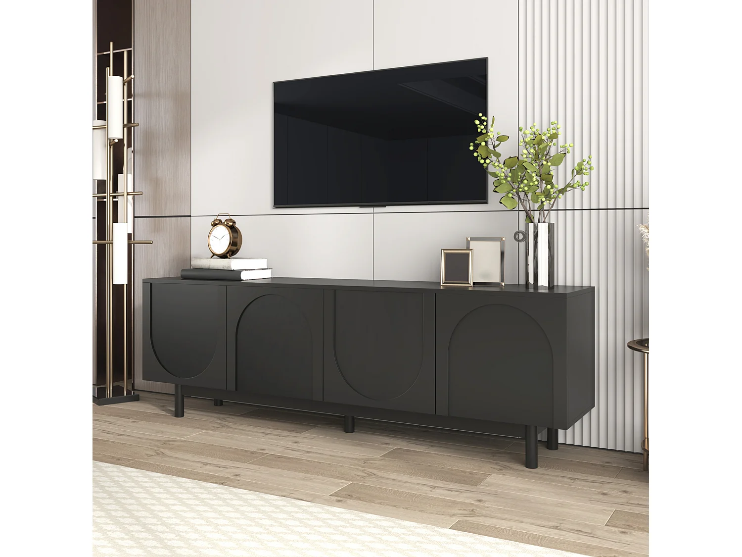 Meuble TV 175x38x56 cm, noir moderne, étagères réglables, design luxueux