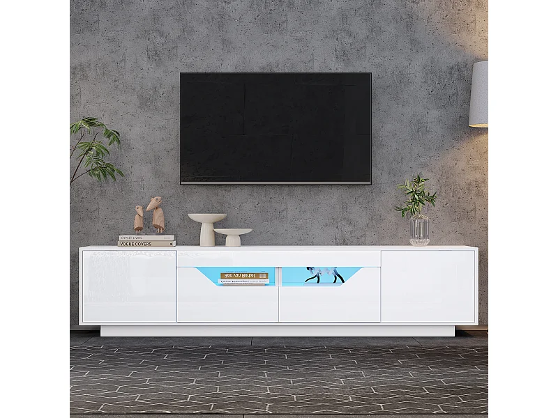 Mobiletto TV 180x40x45cm, 2 cassetti e 2 armadi, LED, per televisori fino a 75 pollici, bianco