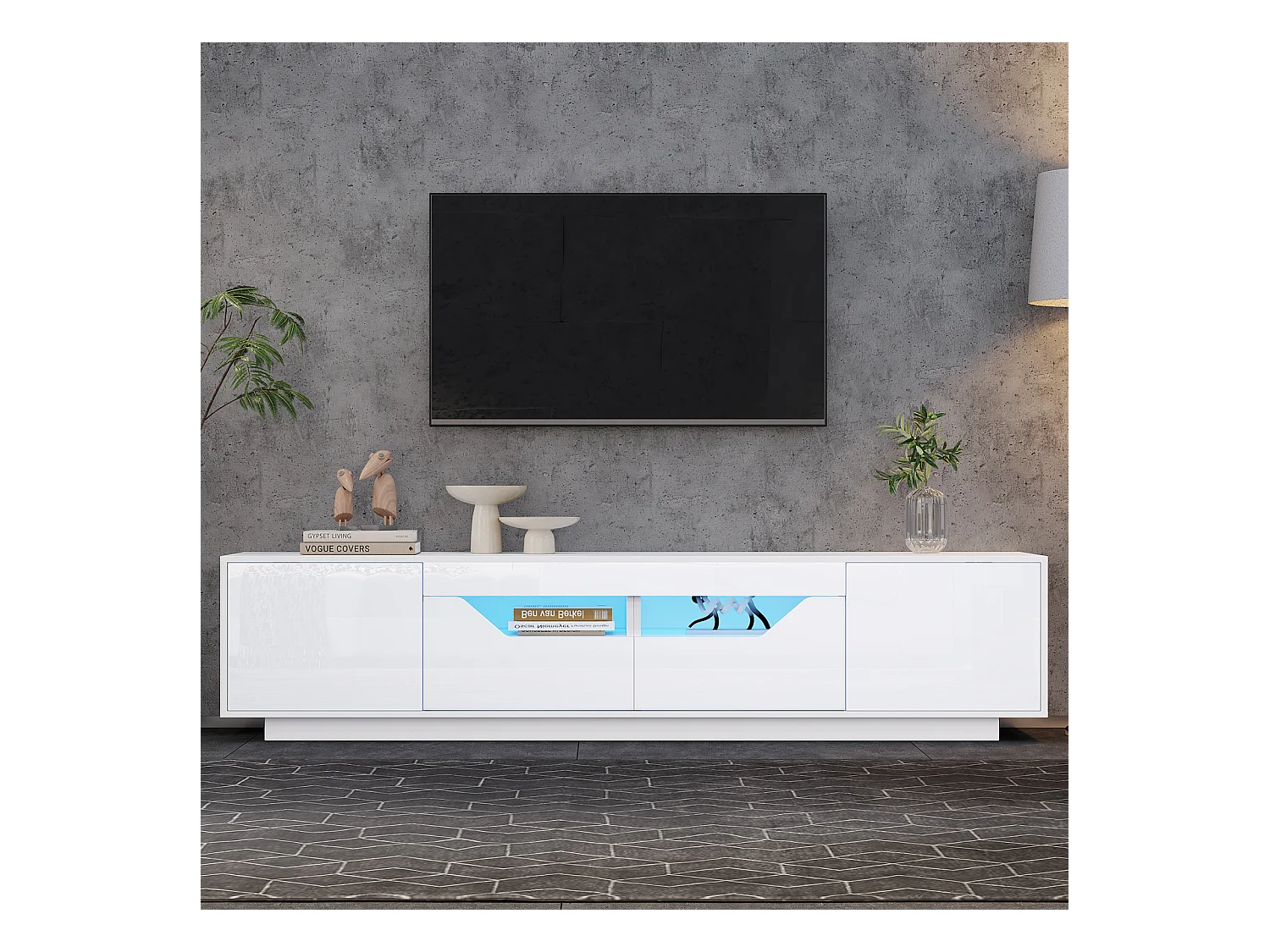 Mobiletto TV 180x40x45cm, 2 cassetti e 2 armadi, LED, per televisori fino a 75 pollici, bianco