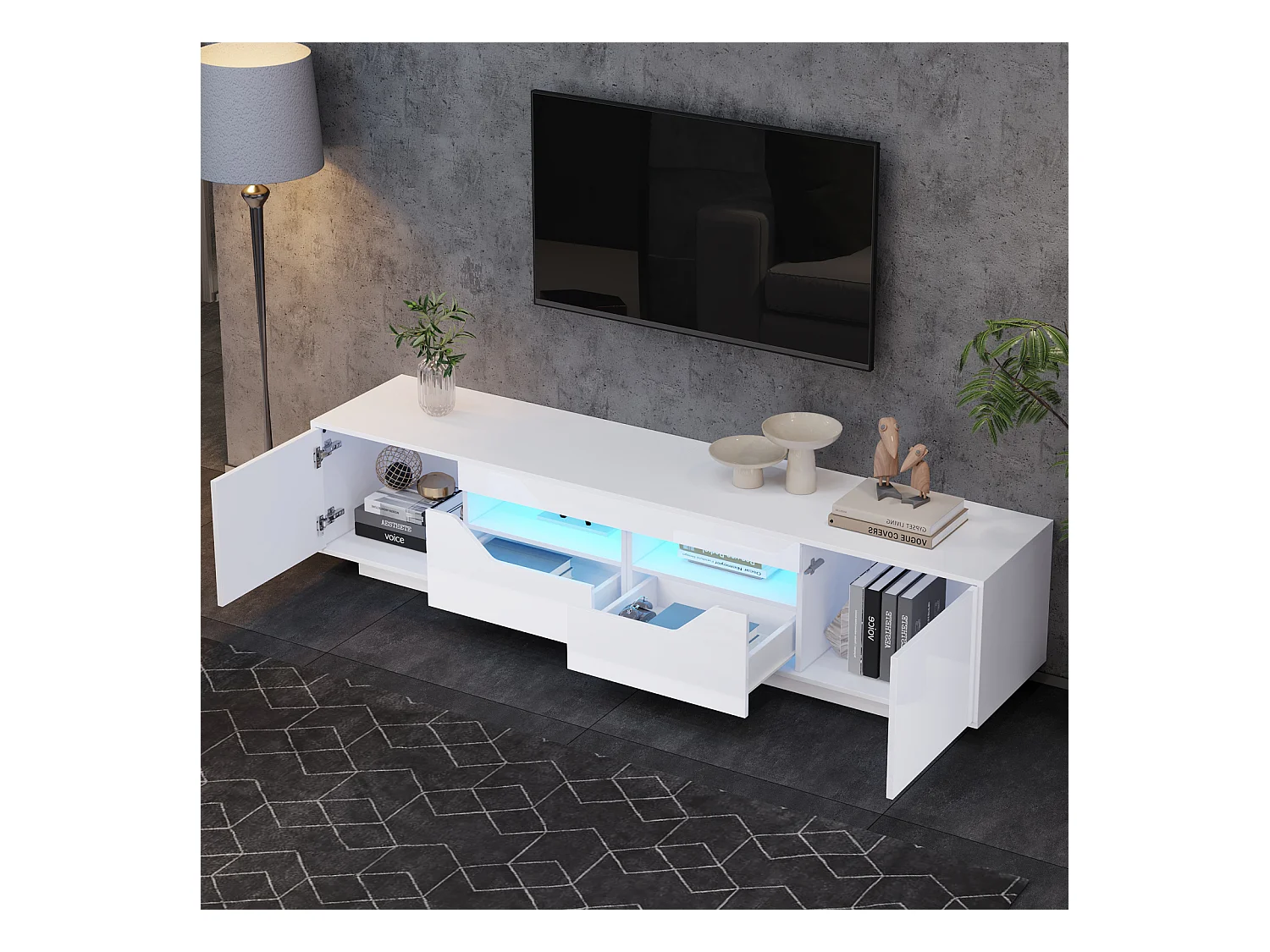 Mobiletto TV 180x40x45cm, 2 cassetti e 2 armadi, LED, per televisori fino a 75 pollici, bianco